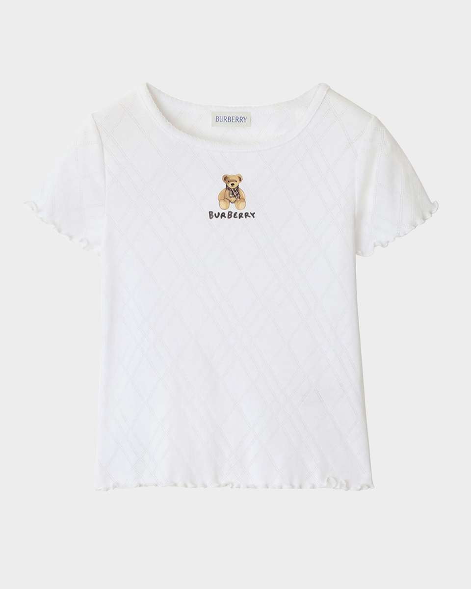 Girl's Penny Bear Ruffled Pointelle Knit T-Shirt, Size 3-14